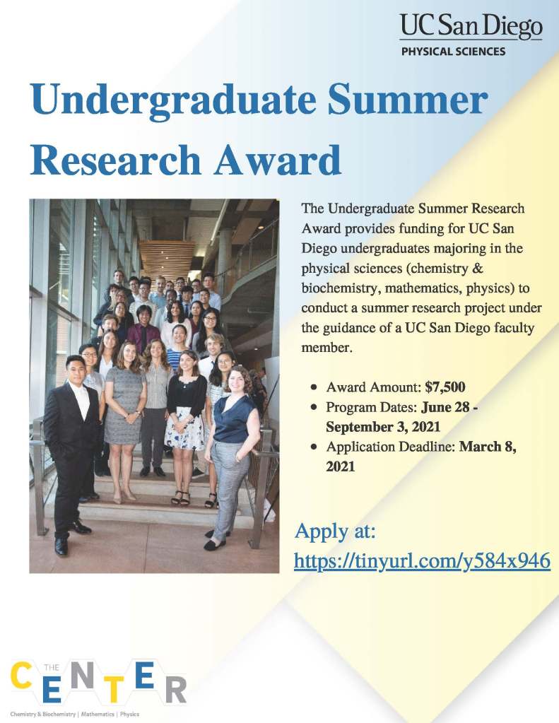 Call for 2021 Undergraduate Summer Research Award UCSD Chemistry